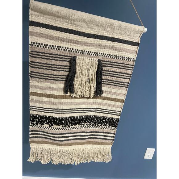 Unbranded Other - Handwoven Tapestry w/ Fringe Home Decor Boho Farmhouse Morracan Cream Black